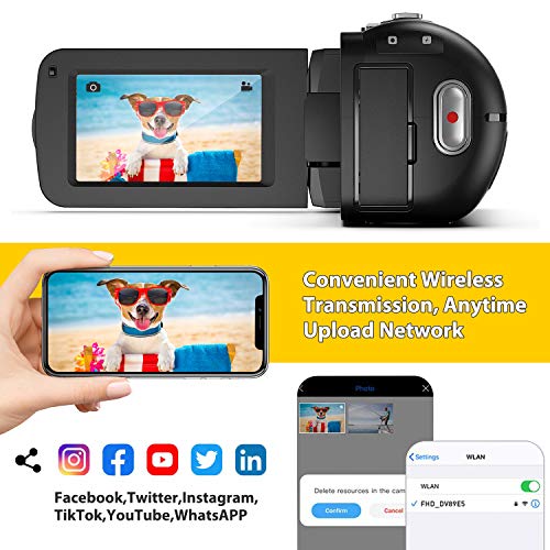 WiFi Videocámara UHD 26MP FamBrow Videocamara de Vlogging Youtube IR Visión Nocturna 30FPS 16X Zoom Cámara de Video Pantalla Giratoria,con Micrófono Control Remoto 2 Batería