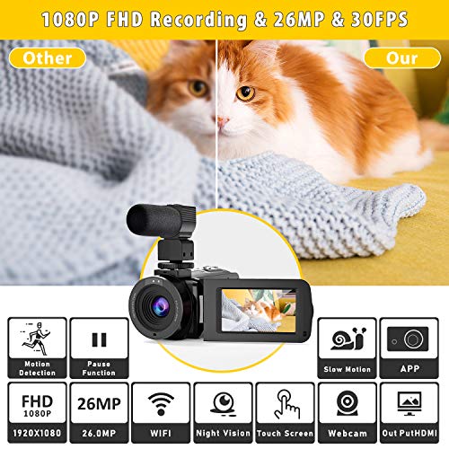 WiFi Videocámara UHD 26MP FamBrow Videocamara de Vlogging Youtube IR Visión Nocturna 30FPS 16X Zoom Cámara de Video Pantalla Giratoria,con Micrófono Control Remoto 2 Batería