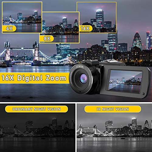 WiFi Videocámara UHD 26MP FamBrow Videocamara de Vlogging Youtube IR Visión Nocturna 30FPS 16X Zoom Cámara de Video Pantalla Giratoria,con Micrófono Control Remoto 2 Batería