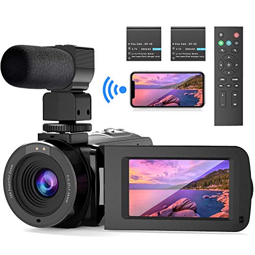 WiFi Videocámara UHD 26MP FamBrow Videocamara de Vlogging Youtube IR Visión Nocturna 30FPS 16X Zoom Cámara de Video Pantalla Giratoria,con Micrófono Control Remoto 2 Batería