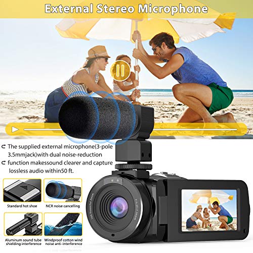 WiFi Videocámara UHD 26MP FamBrow Videocamara de Vlogging Youtube IR Visión Nocturna 30FPS 16X Zoom Cámara de Video Pantalla Giratoria,con Micrófono Control Remoto 2 Batería