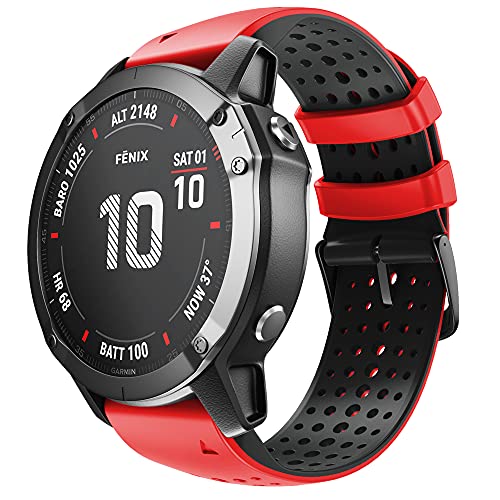 WIIKAI Compatible con Garmin Fenix 6X/6X Pro/5X/5X Plus/3/3HR Correas para Relojes, Correa de Pulsera de Reemplazo.(Negro Rojo)