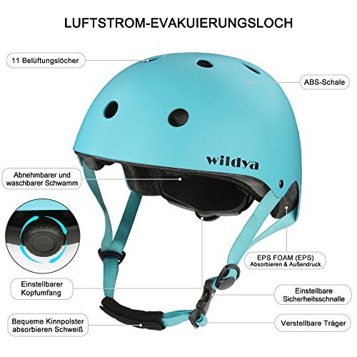 Wildya - Casco de bicicleta para niños pequeños, ajustable niños, adolescentes y adultos, rodilleras, protección las articulaciones manos, juego equipo monopatín, color azul, M