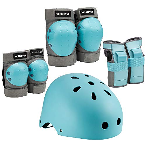 Wildya - Casco de bicicleta para niños pequeños, ajustable niños, adolescentes y adultos, rodilleras, protección las articulaciones manos, juego equipo monopatín, color azul, M