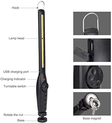 Winzwon Linterna de Trabajo Lámpara de Inspección Linternas COB LED Linternas Faroles de Mano Luz de la antorcha con Gancho, Base Imán, Cable USB para Casa Auto Camping Emergencia Reparacion