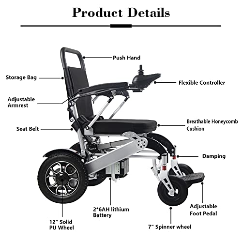 WISGING 2021 Silla de ruedas eléctrica portátil plegable ligera plegable Deluxe Potente motor dual Silla de ruedas compacta con ayuda de movilidad - Pesa solo 59 lbs con batería - Soporta 286 lbs