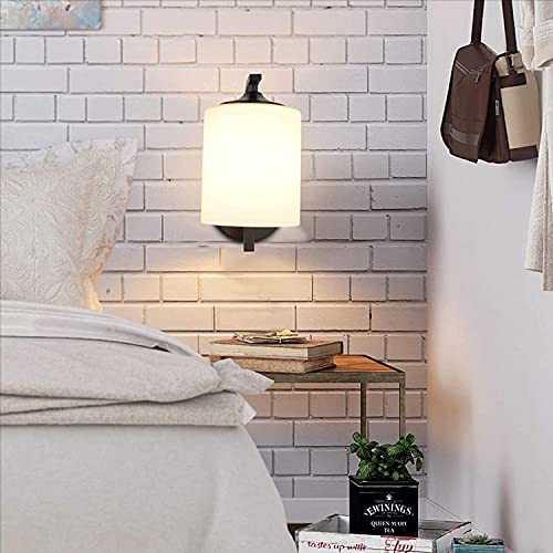 WMDC Lámpara de Pared Dormitorios Iluminación de Pared Vintage Soporte E27 Lámpara de Noche de Metal Aplique de Pared con Pantalla de Vidrio para Sala de Estar Corredor Cafetería, Negro, 14X21X26Cm