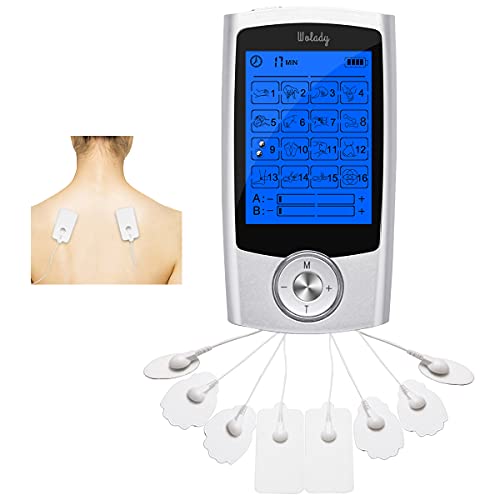 Wolady Masajeador Electroestimulador Digital EMS TENS Masaje Recargable 16 Modo 2 Canales Masajeador Portatil Estimulador Eléctrico Muscular Aliviar Dolor Espalda Cuello Hombro