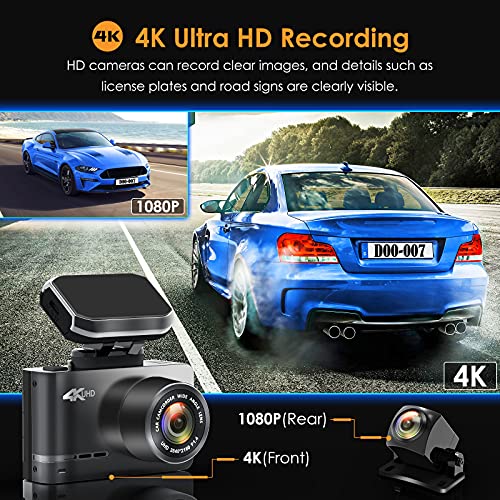 WOLFBOX 4K Dash CAM Delantera Trasera GPS Wi-Fi Integrado, 2,45" cámara de Coche, Doble Lente para Coches Gran Angular de 170°, visión Nocturna, Sensor G, Monitor de Aparcamiento, Grabación en Bucle