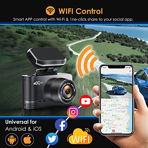 WOLFBOX 4K Dash CAM Delantera Trasera GPS Wi-Fi Integrado, 2,45" cámara de Coche, Doble Lente para Coches Gran Angular de 170°, visión Nocturna, Sensor G, Monitor de Aparcamiento, Grabación en Bucle