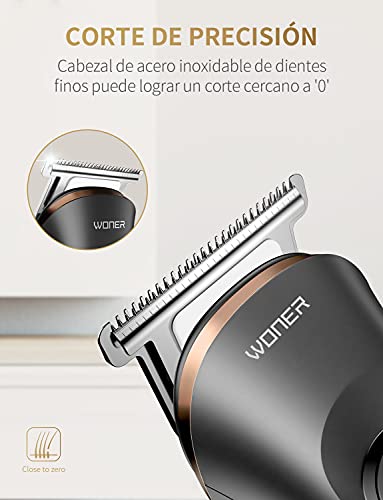 WONER Máquina Recortadora de Barba 12 en 1 Cortapelos Hombre para Cara Cabeza Nariz Orejas, Maquina Cortar Pelo Optima Precisión Carga Rápida USB Inalámbrica Pantalla LED Base de Carga