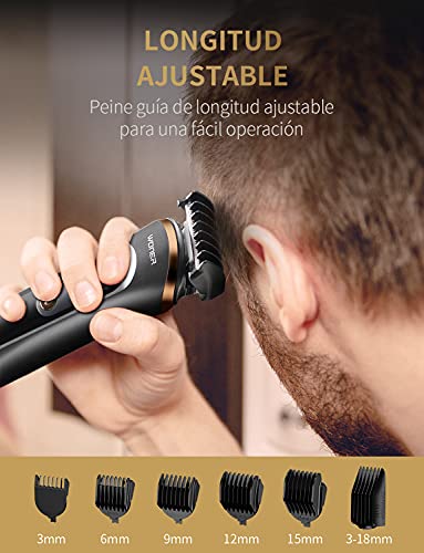 WONER Máquina Recortadora de Barba 12 en 1 Cortapelos Hombre para Cara Cabeza Nariz Orejas, Maquina Cortar Pelo Optima Precisión Carga Rápida USB Inalámbrica Pantalla LED Base de Carga