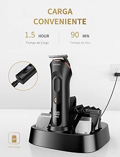 WONER Máquina Recortadora de Barba 12 en 1 Cortapelos Hombre para Cara Cabeza Nariz Orejas, Maquina Cortar Pelo Optima Precisión Carga Rápida USB Inalámbrica Pantalla LED Base de Carga