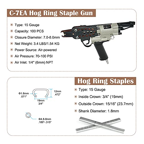 Woodpecker C-7EA Kit de pistola de grapas neumática de anillo de cerdo de calibre 15, corona de 3/4 pulgadas, grapadora de anillo en C de nariz larga Air Power para cercas, colchón de muelles, jaulas