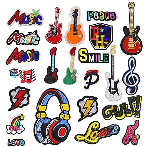 Woohome Parches de Ropa Patch Sticker, 23 Pz Parche Termoadhesivo, Guitarra Nota Auricular Parche de Hierro en Parches para Ropa, Mochila, Gorras, Repara El Palo de Agujero