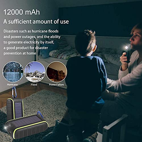Workingda Powerbank Solar Ladegerät, 12000mAh Kurbel Generator mit Dual USB Ausgängen und Taschenlampe Externer Akku für Smartphones, Tablets und mehr