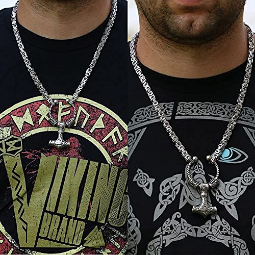 WWWXD Collar Colgante Martillo de Nordic de Viking Runa Totem círculo Thor,Mjolnir Emperador Acero Inoxidable Amuleto de Plata Cadena del Collar del Rey de Hombres,joyería Hecha a Mano único Ciclista