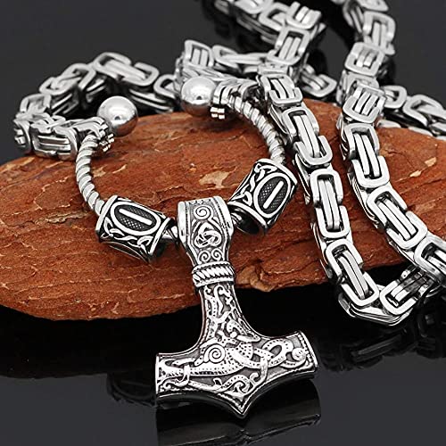 WWWXD Collar Colgante Martillo de Nordic de Viking Runa Totem círculo Thor,Mjolnir Emperador Acero Inoxidable Amuleto de Plata Cadena del Collar del Rey de Hombres,joyería Hecha a Mano único Ciclista