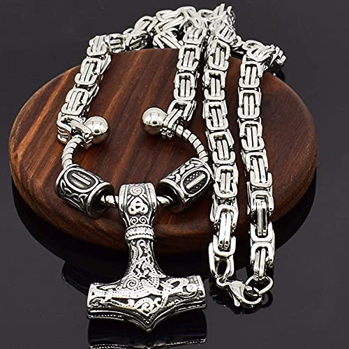 WWWXD Collar Colgante Martillo de Nordic de Viking Runa Totem círculo Thor,Mjolnir Emperador Acero Inoxidable Amuleto de Plata Cadena del Collar del Rey de Hombres,joyería Hecha a Mano único Ciclista