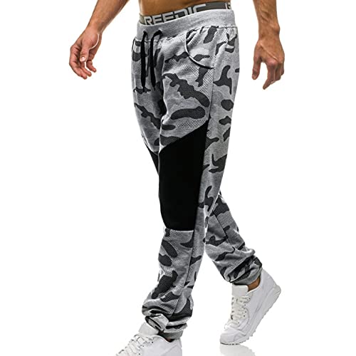 WXZZ Pantalones de chándal para hombre, diseño de patchwork, camuflaje, pantalones de chándal de algodón, pantalones deportivos con bolsillos y cordón, pantalones de chándal para hombres, gris, L