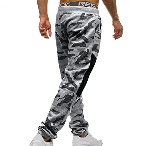 WXZZ Pantalones de chándal para hombre, diseño de patchwork, camuflaje, pantalones de chándal de algodón, pantalones deportivos con bolsillos y cordón, pantalones de chándal para hombres, gris, L