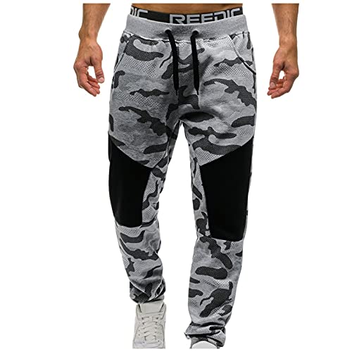 WXZZ Pantalones de chándal para hombre, diseño de patchwork, camuflaje, pantalones de chándal de algodón, pantalones deportivos con bolsillos y cordón, pantalones de chándal para hombres, gris, L