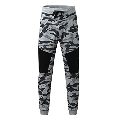 WXZZ Pantalones de chándal para hombre, diseño de patchwork, camuflaje, pantalones de chándal de algodón, pantalones deportivos con bolsillos y cordón, pantalones de chándal para hombres, gris, L