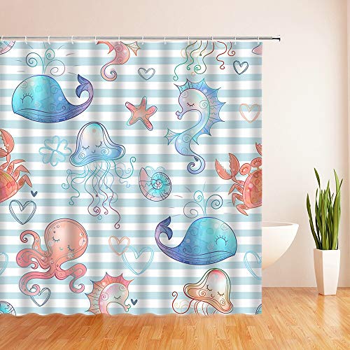 XCBN Cortinas de Ducha de Dibujos Animados de Peces de Colores oceánicos, Cortina de baño, Cortina de baño de decoración de Tela Impermeable con Ganchos A20, 200x200cm