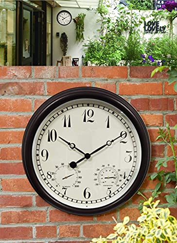 XHAEJ Reloj de Pared de 15 Pulgadas, Reloj Impermeable con Temperatura y Humedad Interior al Aire Libre en el Exterior Reloj de Pared sin ticipo for/Patio/Patio/hogar