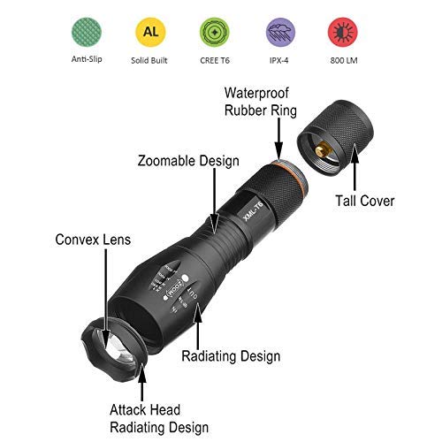 Xisunred - Linterna LED de alta potencia (con batería recargable de 18650), linterna táctica con cargador USB