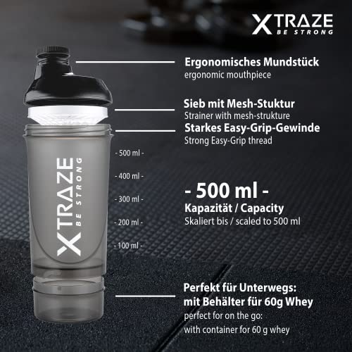 XTRAZE® Botella Mezcladora de Proteínas de 500 ml, Compartimiento para Polvo de 150 ml, Shaker sin BPA, Vaso de Ejercicios a Prueba de Derrames con Balanza, Tamiz para Batidos de Proteina sin Grumos