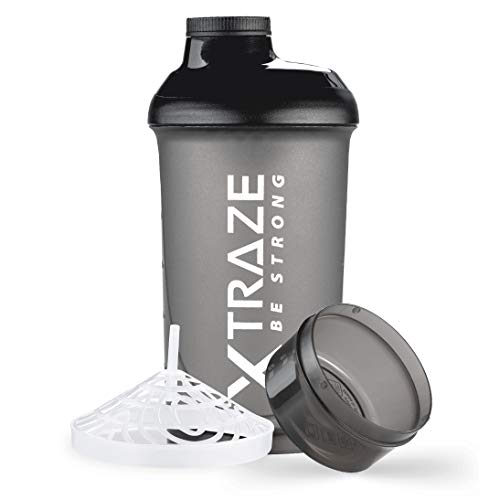 XTRAZE® Botella Mezcladora de Proteínas de 500 ml, Compartimiento para Polvo de 150 ml, Shaker sin BPA, Vaso de Ejercicios a Prueba de Derrames con Balanza, Tamiz para Batidos de Proteina sin Grumos