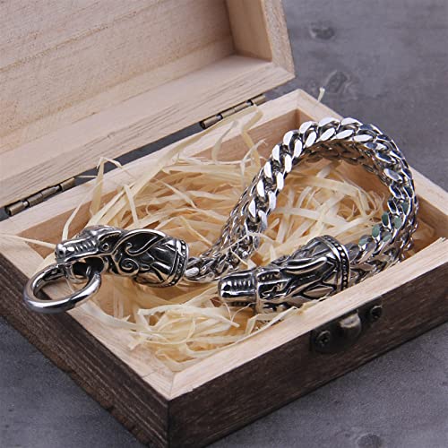 XXXXW Rock Viking Dragon Charm Bracelet Men's Acero Inoxidable Cadena de Malla Punk Bracelets Joyería del Ciclista Hombre Pulseras (Length : 23cm, Metal Color : Style 2 Wolf)