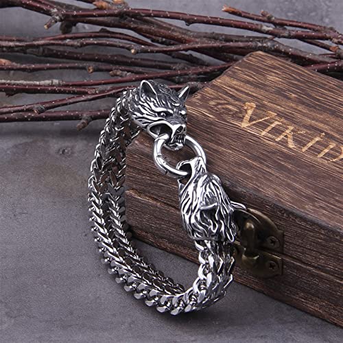 XXXXW Rock Viking Dragon Charm Bracelet Men's Acero Inoxidable Cadena de Malla Punk Bracelets Joyería del Ciclista Hombre Pulseras (Length : 23cm, Metal Color : Style 2 Wolf)