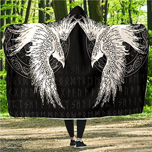 YABEME Manta con Capucha de Cuervo Vikingo, Mito Nórdico Los Cuervos de Odín Huginn y Muninn Nudo Celta Tatuaje Runa Capa de Tótem, Forro de Franela Super Suave Acogedor Hogar Ocio,80″ x 60″