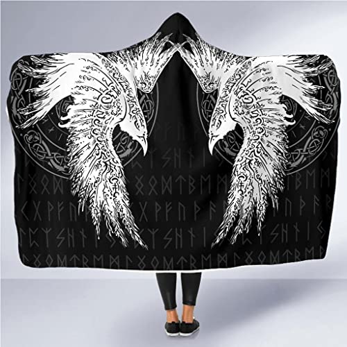 YABEME Manta con Capucha de Cuervo Vikingo, Mito Nórdico Los Cuervos de Odín Huginn y Muninn Nudo Celta Tatuaje Runa Capa de Tótem, Forro de Franela Super Suave Acogedor Hogar Ocio,80″ x 60″