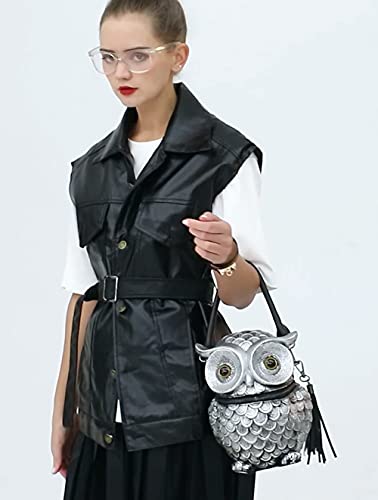 Yagerod 3D Owl Embossed Shoulder Bag Creative Punk Female Bag Messenger Bag Original Animal Tassel Handbag 2021 New (Silver)