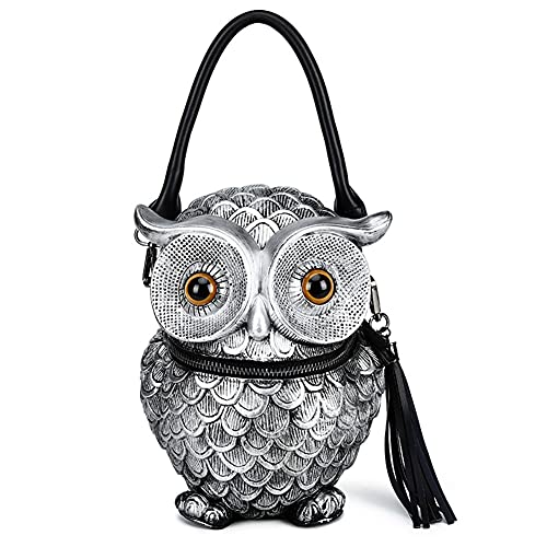 Yagerod 3D Owl Embossed Shoulder Bag Creative Punk Female Bag Messenger Bag Original Animal Tassel Handbag 2021 New (Silver)