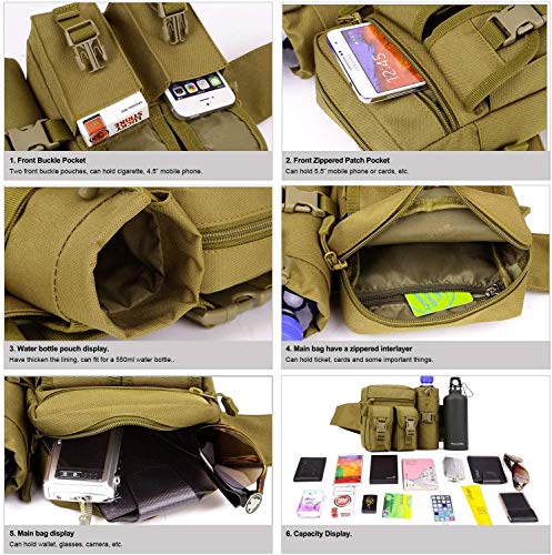 Yakmoo Bolso de Cintura Estilo Militar Táctico Bolsa de Riñonera o Bandolera Impermeable con Bolsillo para Botella al Aire Libre