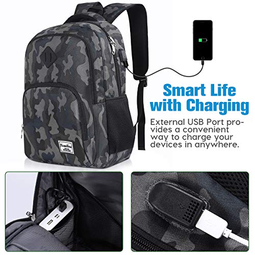 YAMTION Mochila Hombre,Mochila Portatil,Mochilas Escolares Juveniles con Puerto de Carga USB (15.6 Pulgada, GJB6-camouflage Black)