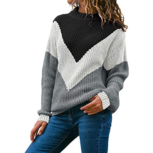 Yanhuigang Suéter Elegante y Exquisito Suéteres para Mujer, Suéter de Punto Suelto Mujeres Jumpers de Manga Larga O-Cuello Mujer Pullovers Suéter Bloque Casual Suéter (Color : Black 2, Size : M)