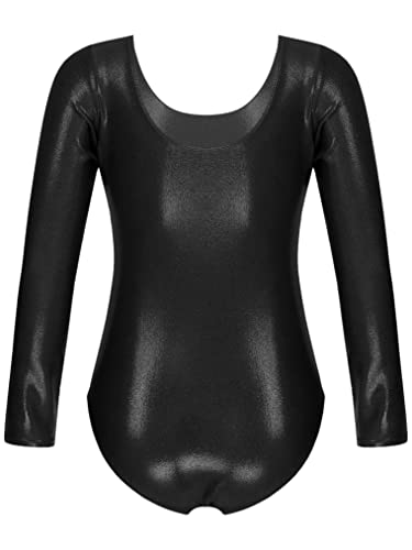 YEAHDOR Maillot de Danza Ballet para Niña Diamantes Leotardo de Charol Patinaje Artistico Manga Larga Mono Gimnasia Rítmica Body Baile Traje Bailarina Negro 5-6 años