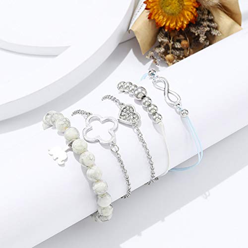 Yean Juego de pulseras de cristal con forma de elefante, con forma de corazón de plata, accesorios de mano ajustables para mujeres y niñas, paquete de 5