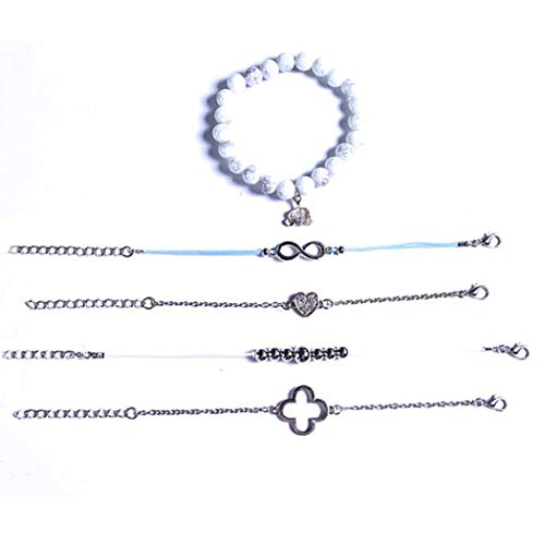 Yean Juego de pulseras de cristal con forma de elefante, con forma de corazón de plata, accesorios de mano ajustables para mujeres y niñas, paquete de 5