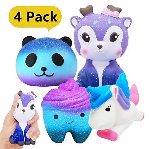 Yetech 4 Pcs Squishy Gigante Kawaii Juguetes Galaxy Starry Slow Rising Squeeze Perfumado Paquetes Juguetes Antiestrés Descompresión Pack Regalo para Adultos y niños(Diente+Panda+Unicornio+Ciervo)