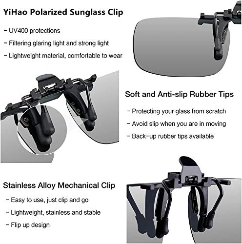 YiHao Gafas de sol con clip para lentes polarizadas antideslumbrantes abatibles, lentes rectangulares sin marco con clip para gafas de sol graduadas para conducir golf, tiro, pesca, 2 pares