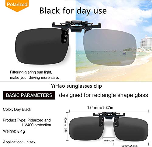 YiHao Gafas de sol con clip para lentes polarizadas antideslumbrantes abatibles, lentes rectangulares sin marco con clip para gafas de sol graduadas para conducir golf, tiro, pesca, 2 pares