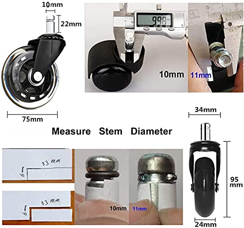 Yimi Ruedas de Repuesto de Goma para Silla de Oficina, Ruedas silenciosas y seguras para Suelos de Madera, Color Negro, 5 Unidades (75MM, 10X22MM)