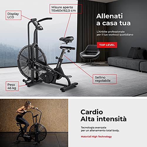 YM AirBike Pro EXTREME Cross Training, Mod.2021, Estructura y componentes reforzados, Compatible con cinturones cardíaca, Computadora integrada con pantalla LCD y programas de entrenamiento, Ruedas