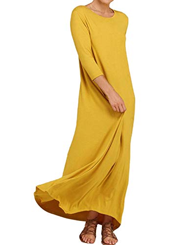 YOINS Vestido de Mujer Cuello Redondo Vestidos Largo Suelto Talla Grande Vestidos de Manga 3/4 Color Sólido con Bolsillos Amarillo XL